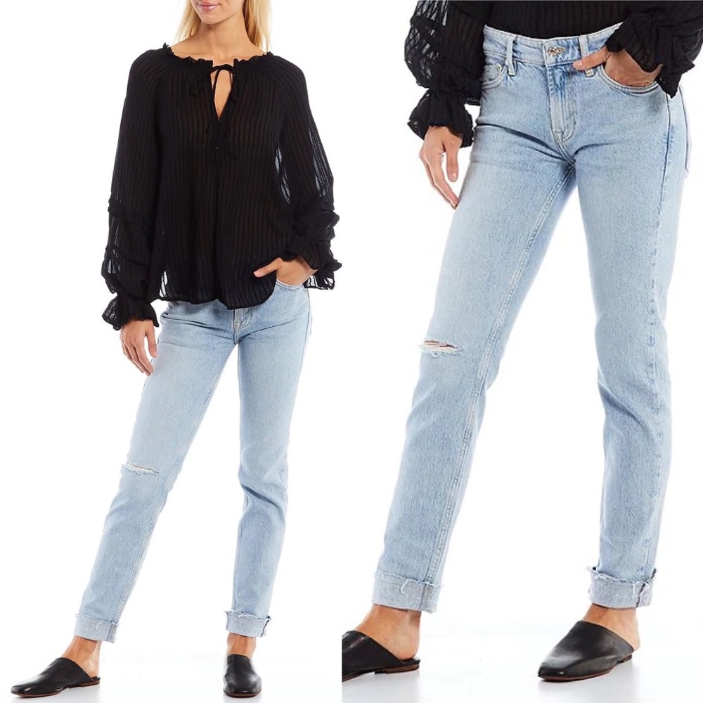 NWT Free People Cuffed Destruction Distressed Stretch Slim Boy Jeans size 30